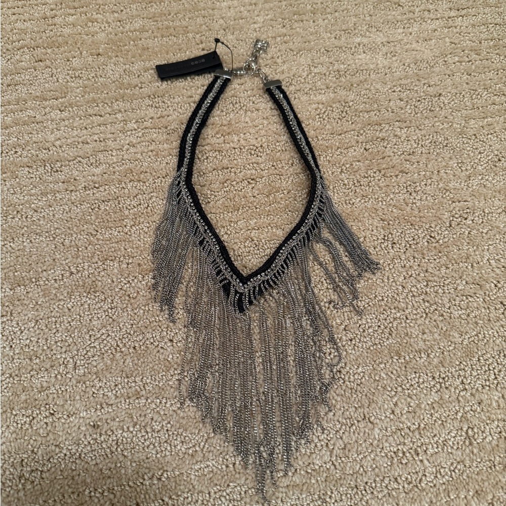 BCBGMaxAzria Black and Silver Fringe Statement Necklace
